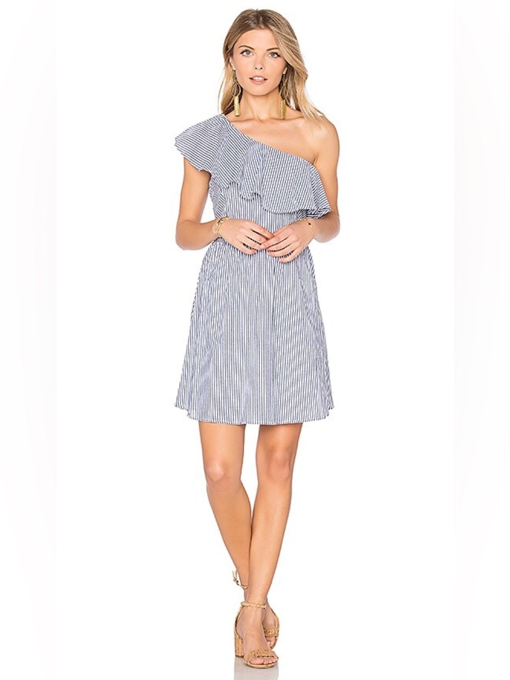 J.O.A. One-Shoulder Navy and White Striped Ruffle Dress